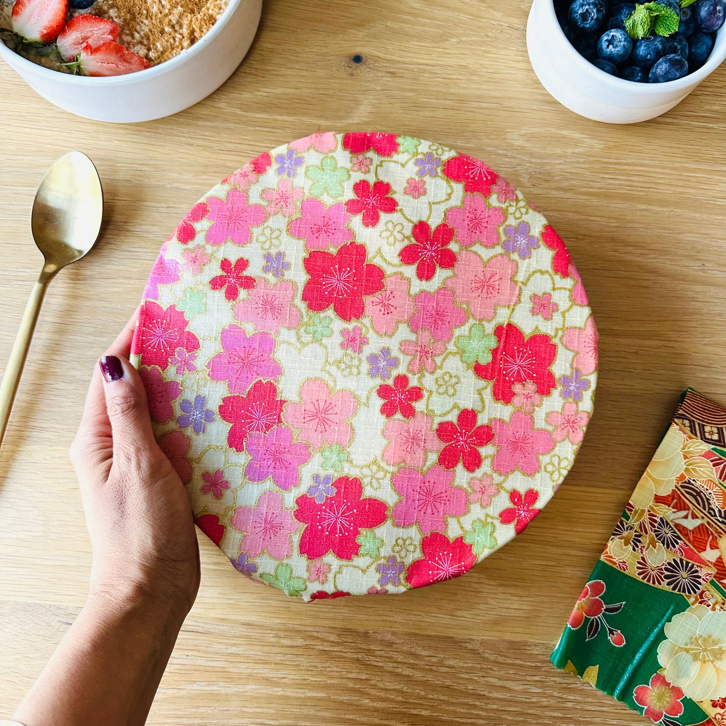 Sakura, Green & pink, Set of 4 Beeswax Food Wraps