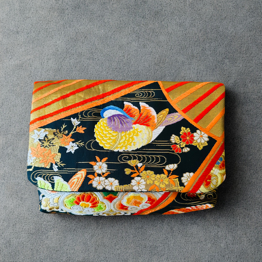Japanese Obi bag, handmade clutch bag made in Japan, Birds