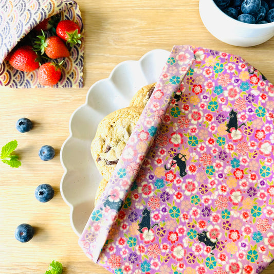 Black cats, Sakura, Purple, Set of 4 Beeswax Food Wraps