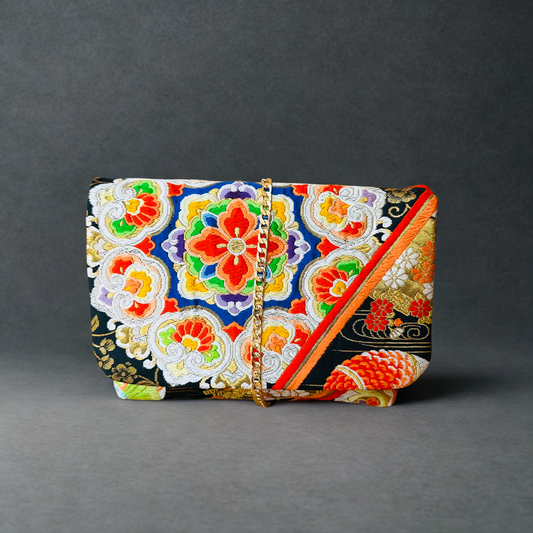 Japanese Obi bag, blue flower, handmade clutch bag made in Japan