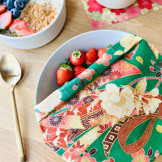 Sakura, Green & pink, Set of 4 Beeswax Food Wraps