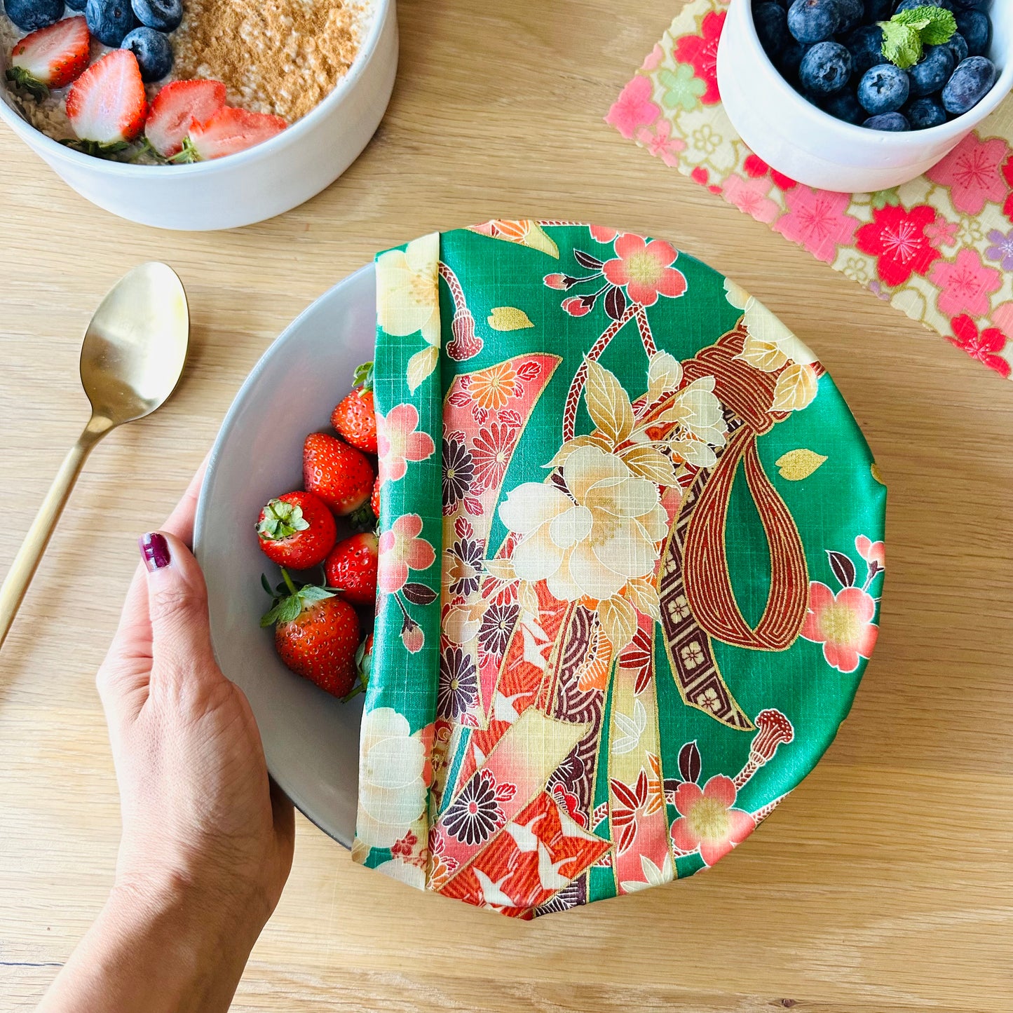 Sakura, Green & pink, Set of 4 Beeswax Food Wraps