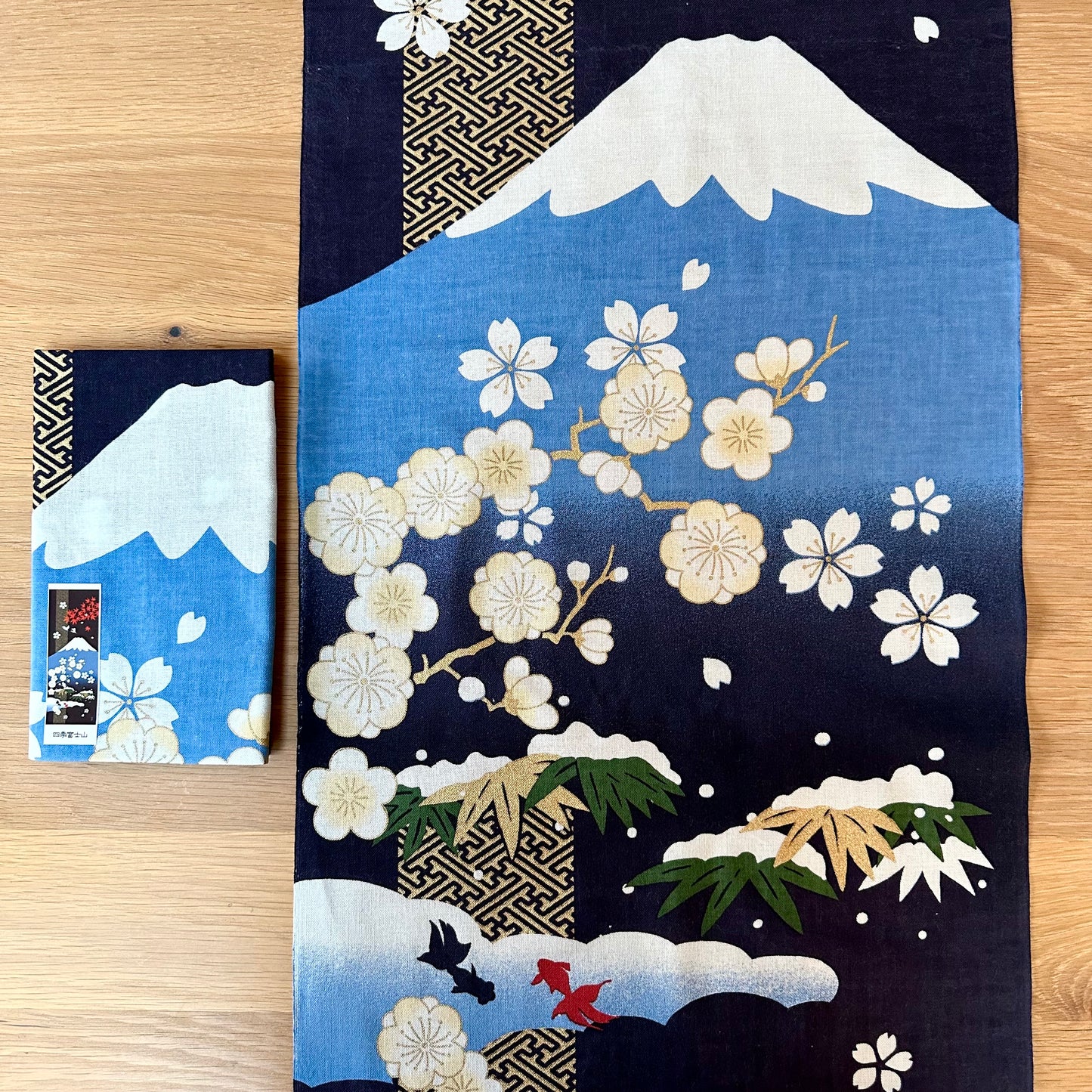 Tenugui Wall Art, Japanese decor, Mt Fuji and four seasons,  34cm x 90cm (13.4” x 35.4”)