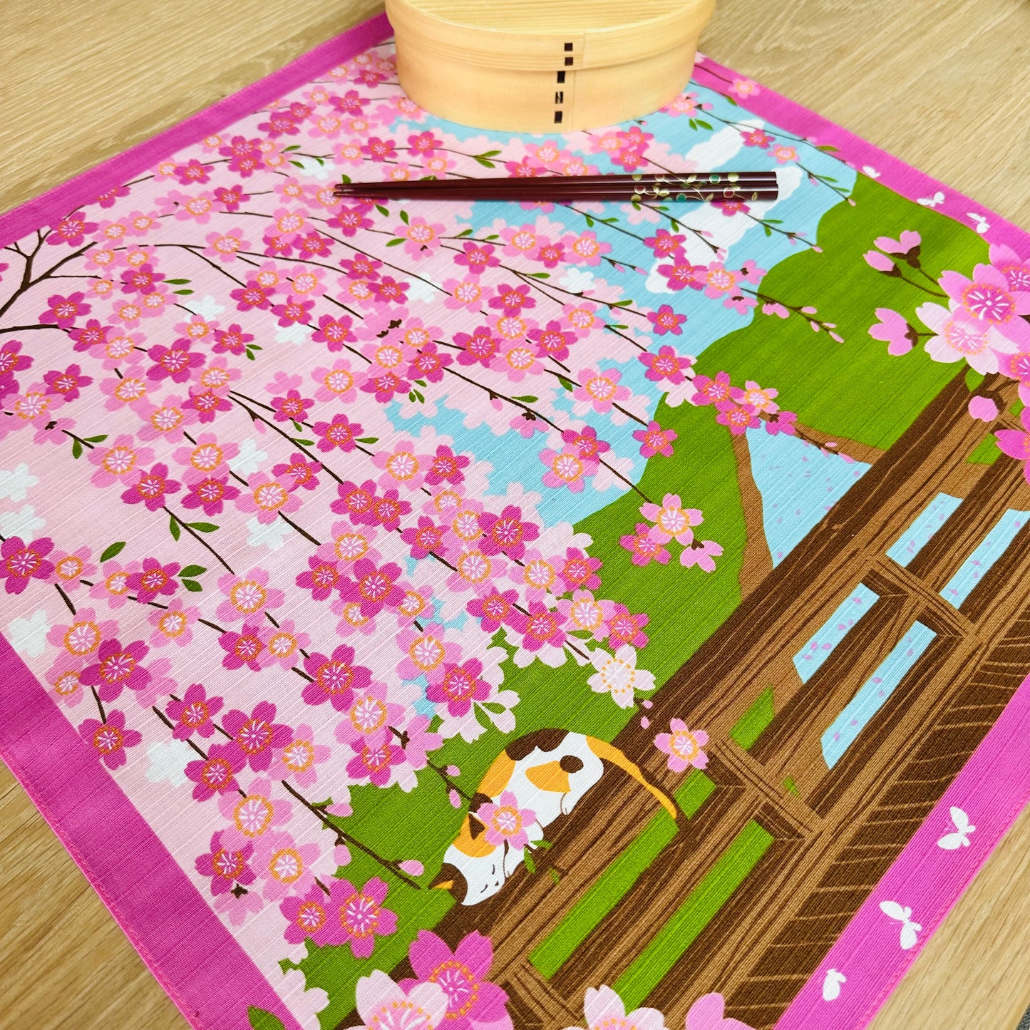 Cat under Cherry blossoms, Furoshiki Gift Wrapping, 50 x 50 cm