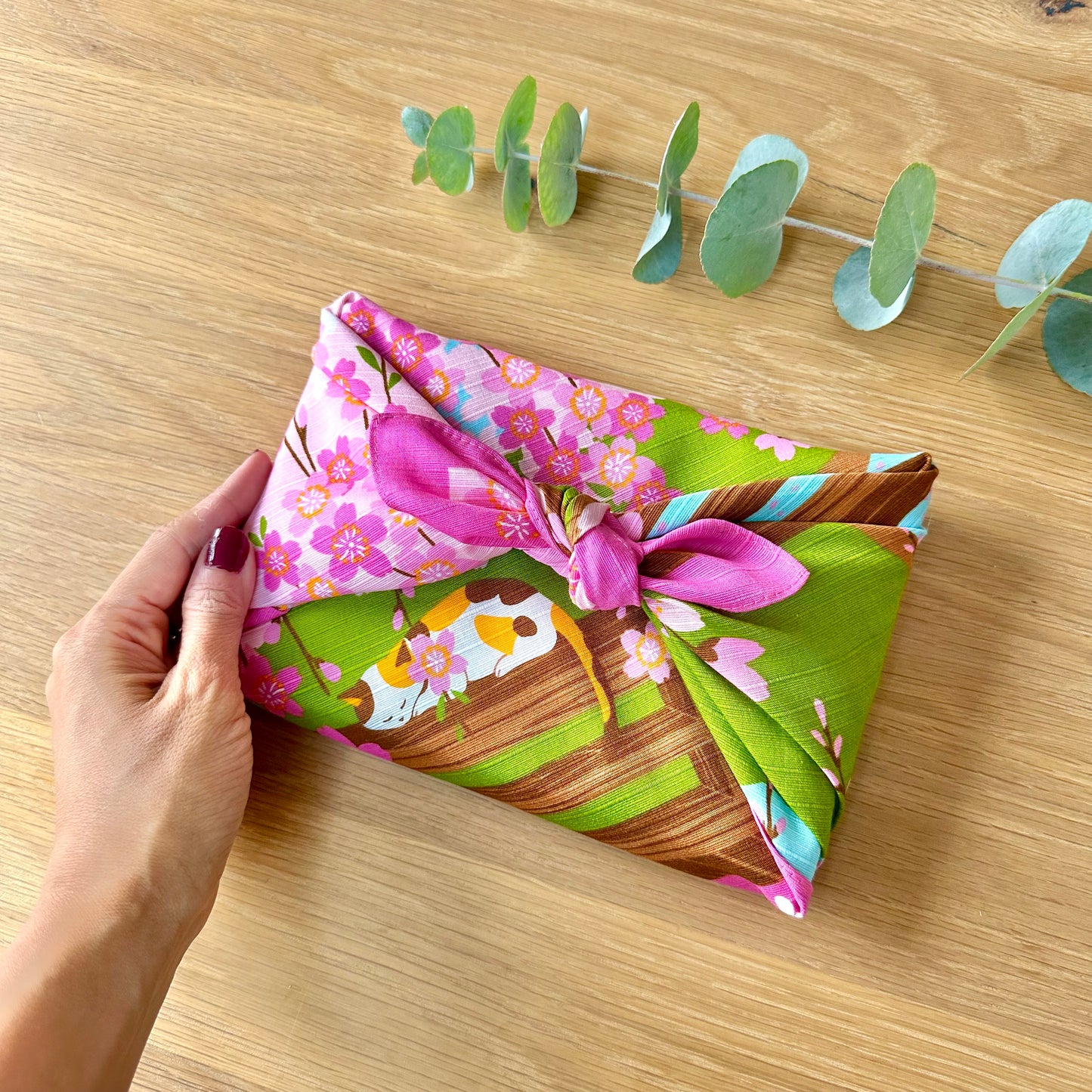 Cat under Cherry blossoms, Furoshiki Gift Wrapping, 50 x 50 cm