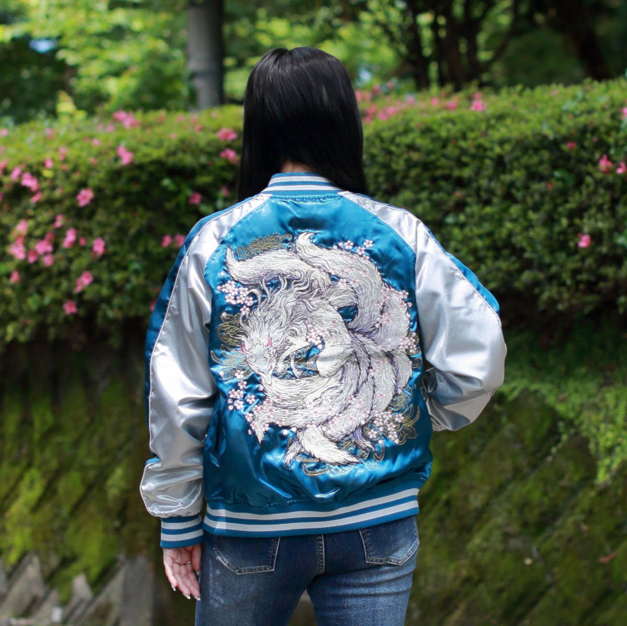 9‑Tailed Fox Skajan Jacket – Embroidered Japanese Bomber – Teal