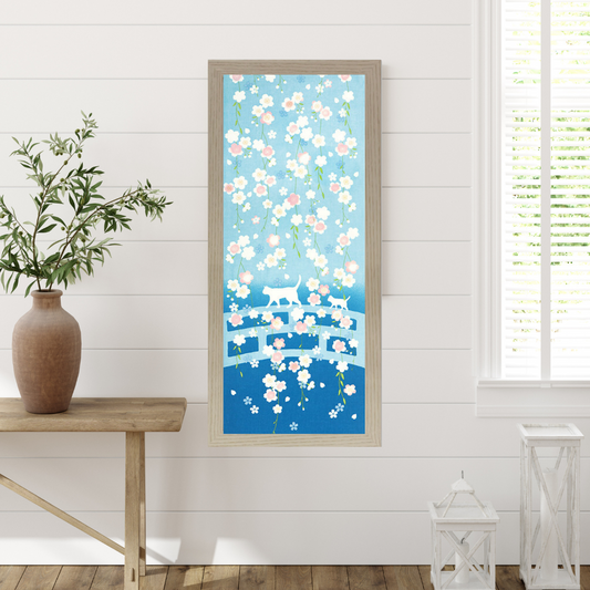 Tenugui Art, Cats and Cherry Blossoms, 34cm x 90cm (13.4” x 35.4”)
