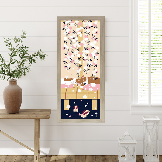Tenugui Art, Shiba Dog & Cat with Cherry Blossoms, 34cm x 90cm (13.4” x 35.4”)