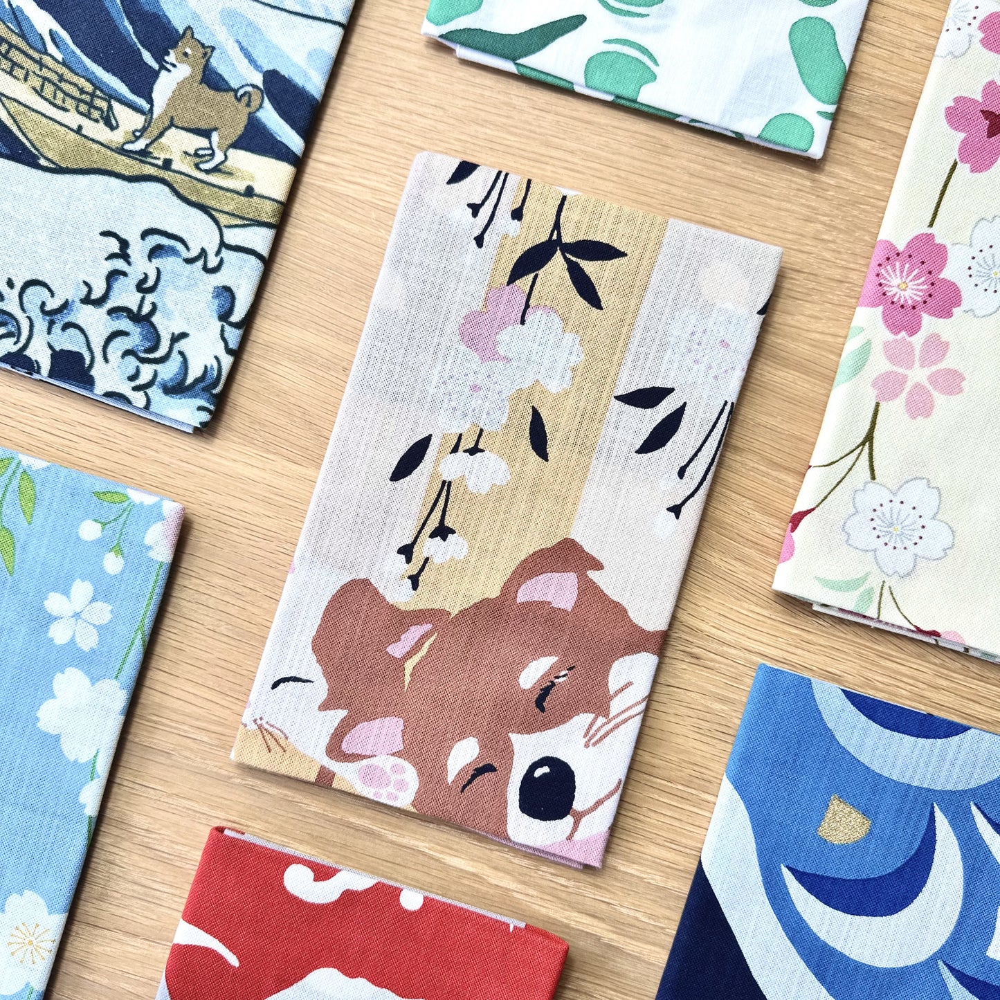 Tenugui Art, Shiba Dog & Cat with Cherry Blossoms, 34cm x 90cm (13.4” x 35.4”)