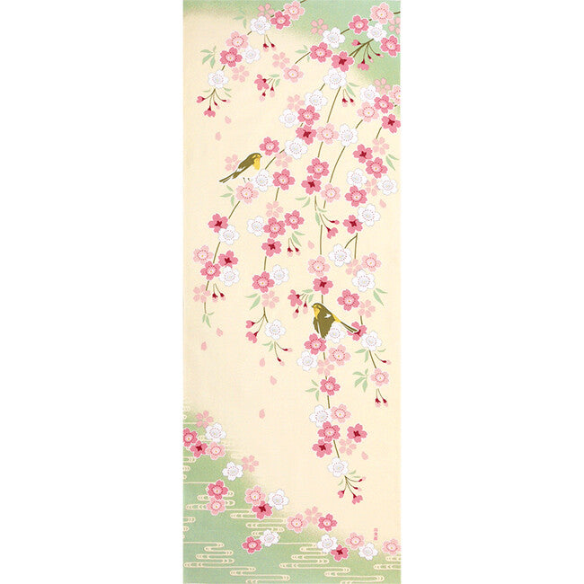 Tenugui Art, Japanese Nightingale and Cherry Blossoms, 34cm x 90cm(13.4” x 35.4”)