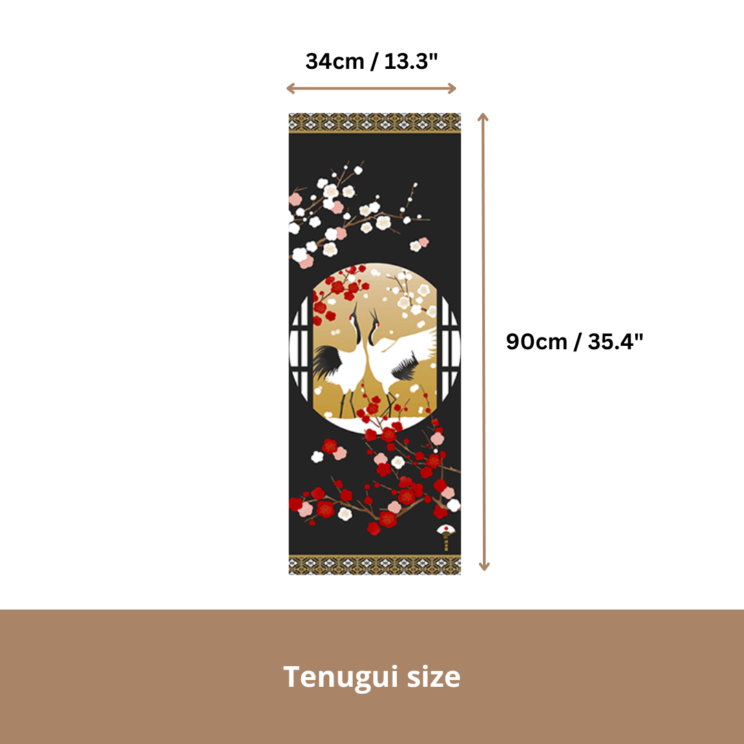 Tenugui Wall Art, Crane and cherry flowers, 34cm x 90cm (13.4” x 35.4”)