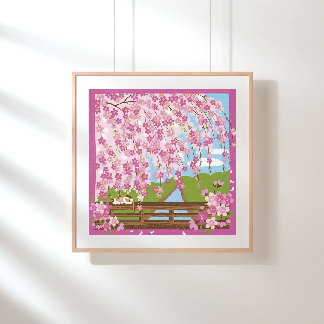 Cat under Cherry blossoms, Furoshiki Gift Wrapping, 50 x 50 cm