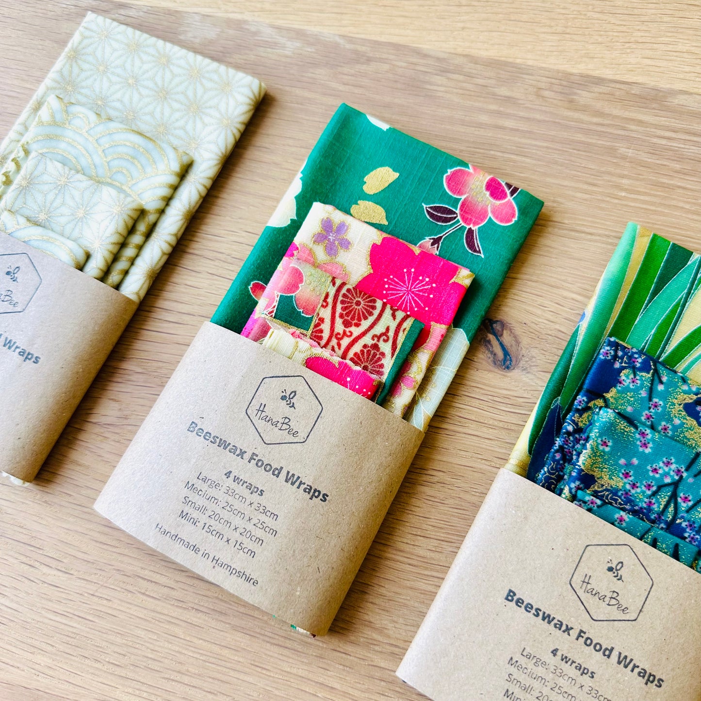 Sakura, Green & pink, Set of 4 Beeswax Food Wraps