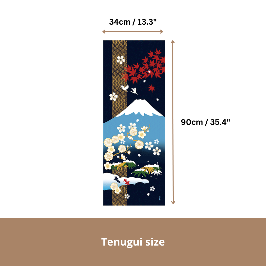 Tenugui Wall Art, Japanese decor, Mt Fuji and four seasons,  34cm x 90cm (13.4” x 35.4”)