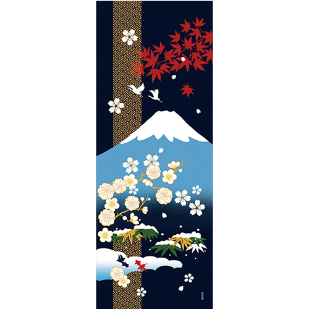 Tenugui Wall Art, Japanese decor, Mt Fuji and four seasons,  34cm x 90cm (13.4” x 35.4”)