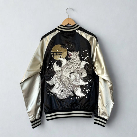 Japanese Skajan, Kyubi, Nine tailed fox, Bomber Jacket, Black & Champagne gold, Japanese embroidered jacket, HanaBee