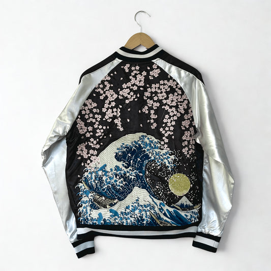 Japanese Skajan, The Great Wave with cherry blossoms, Bomber Jacket, Black & White Silver, Japanese embroidered jacket, HanaBee