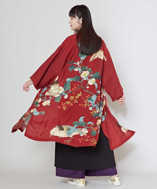 Haori, Kimono Cardigan by Kaya, Kimono robe in red with Japanese art, Kocho-ga, Bird and flower, Japanese jacket, Japanese top