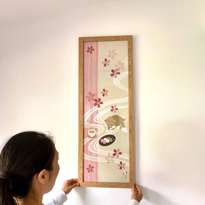 Tenugui Art, Shiba with Matcha and Dango, 34cm x 90cm (13.4” x 35.4”)