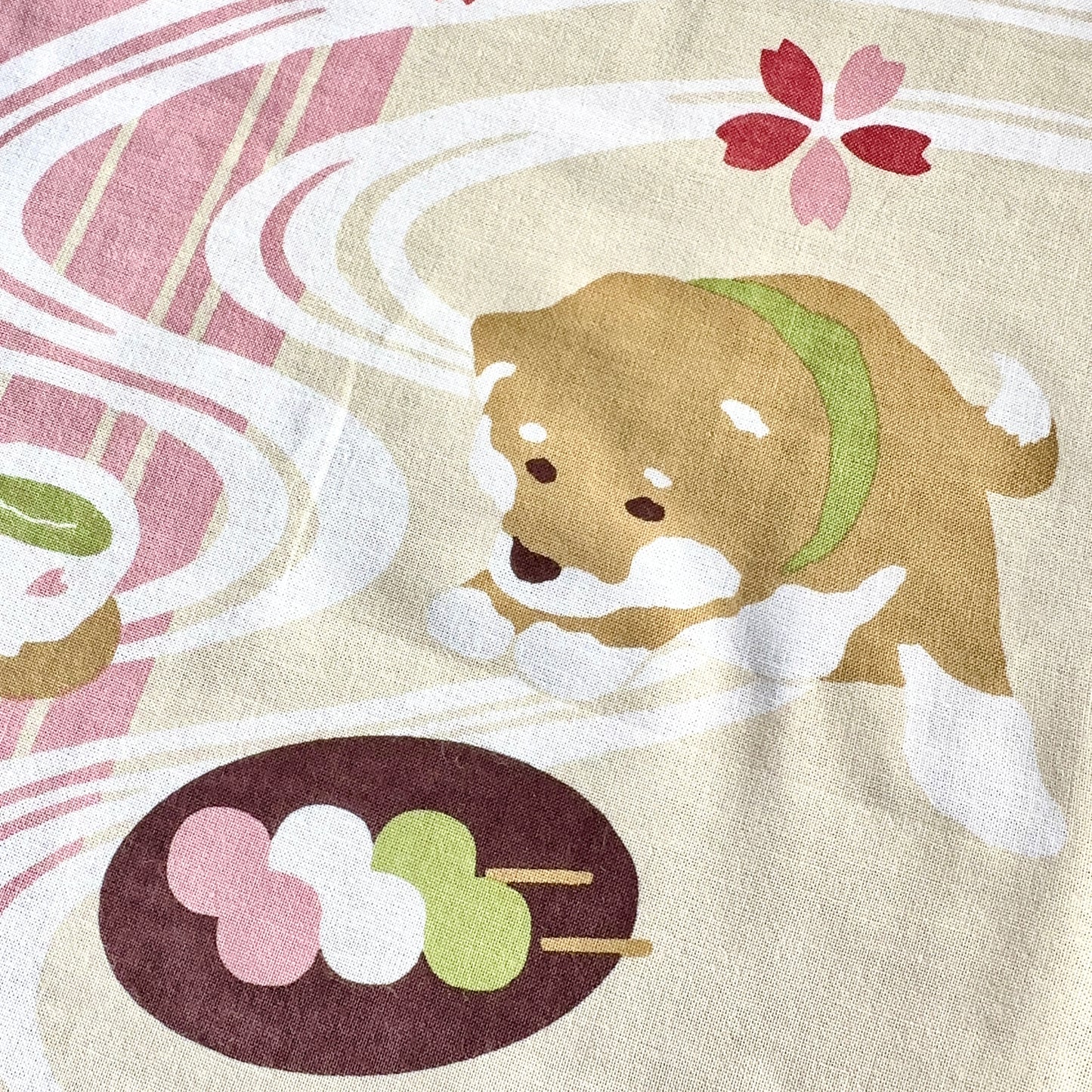 Tenugui Art, Shiba with Matcha and Dango, 34cm x 90cm (13.4” x 35.4”)