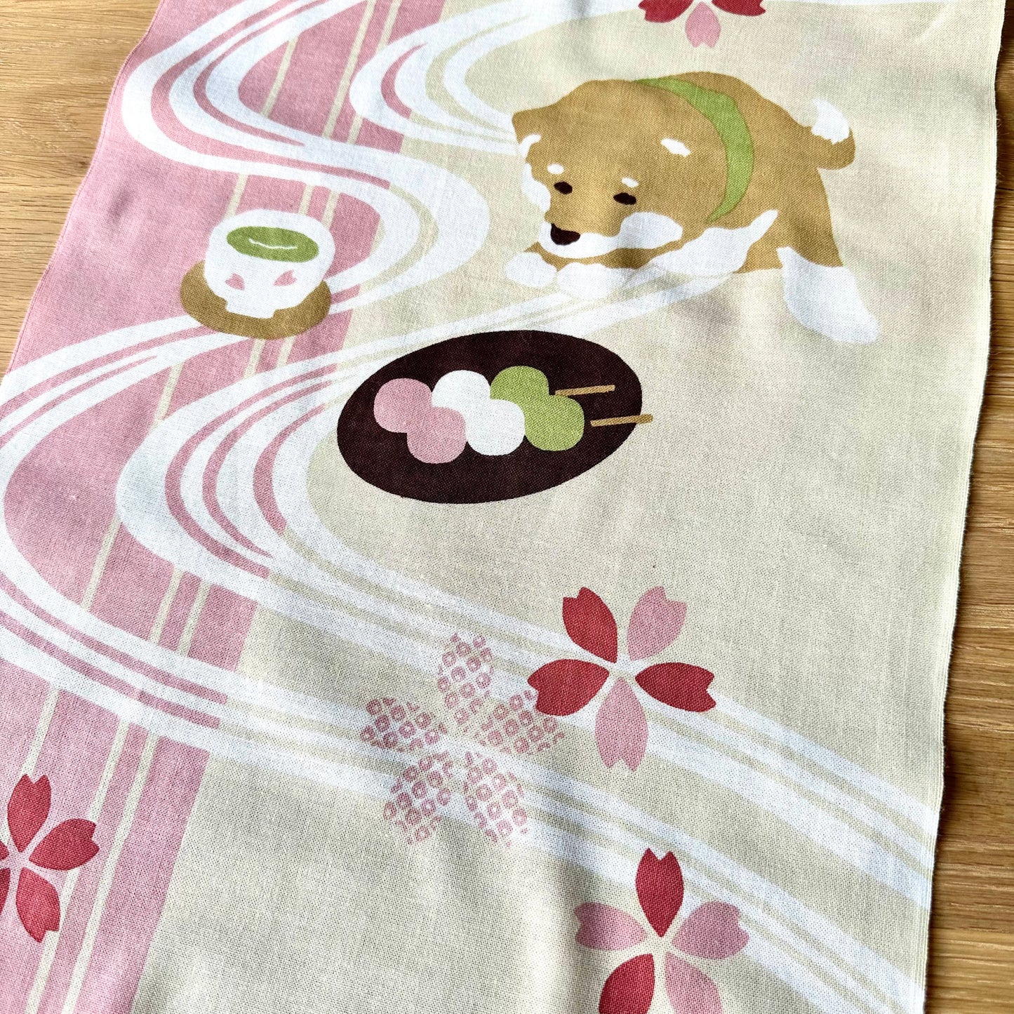Tenugui Art, Shiba with Matcha and Dango, 34cm x 90cm (13.4” x 35.4”)