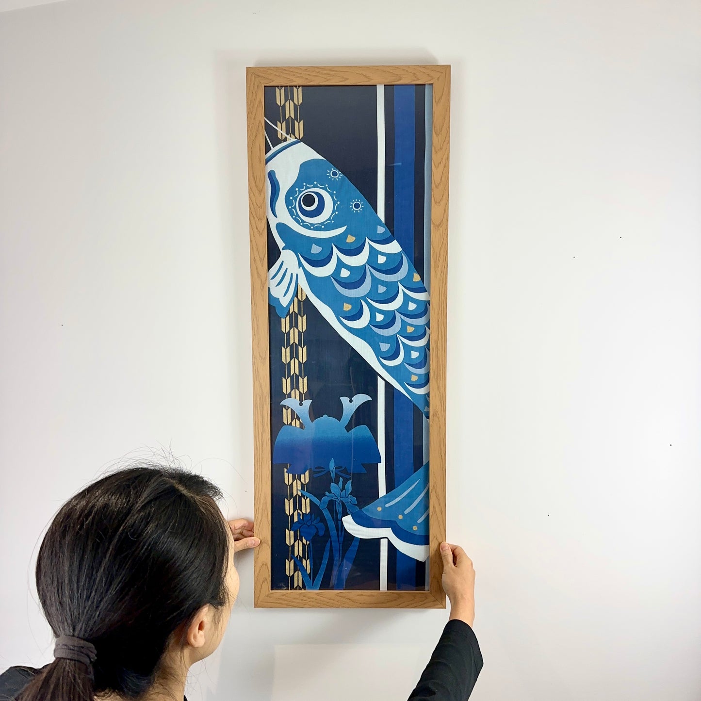 Tenugui Art, Koi Nobori and Samurai Helmet, 34cm x 90cm (13.4” x 35.4”)