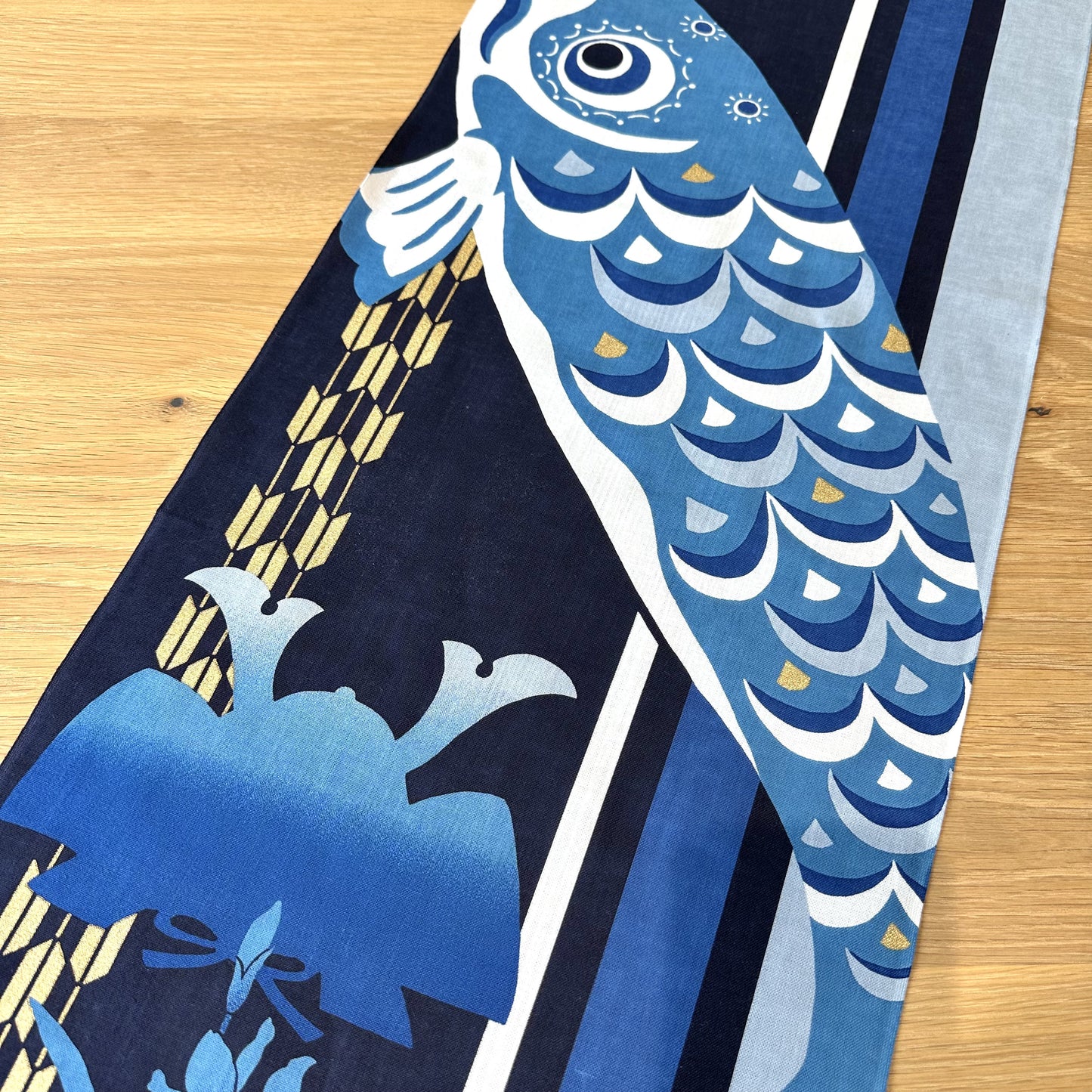 Tenugui Art, Koi Nobori and Samurai Helmet, 34cm x 90cm (13.4” x 35.4”)