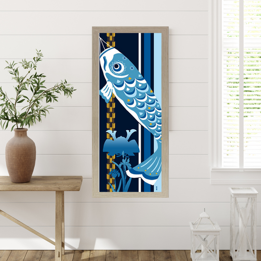 Tenugui Art, Koi Nobori and Samurai Helmet, 34cm x 90cm (13.4” x 35.4”)