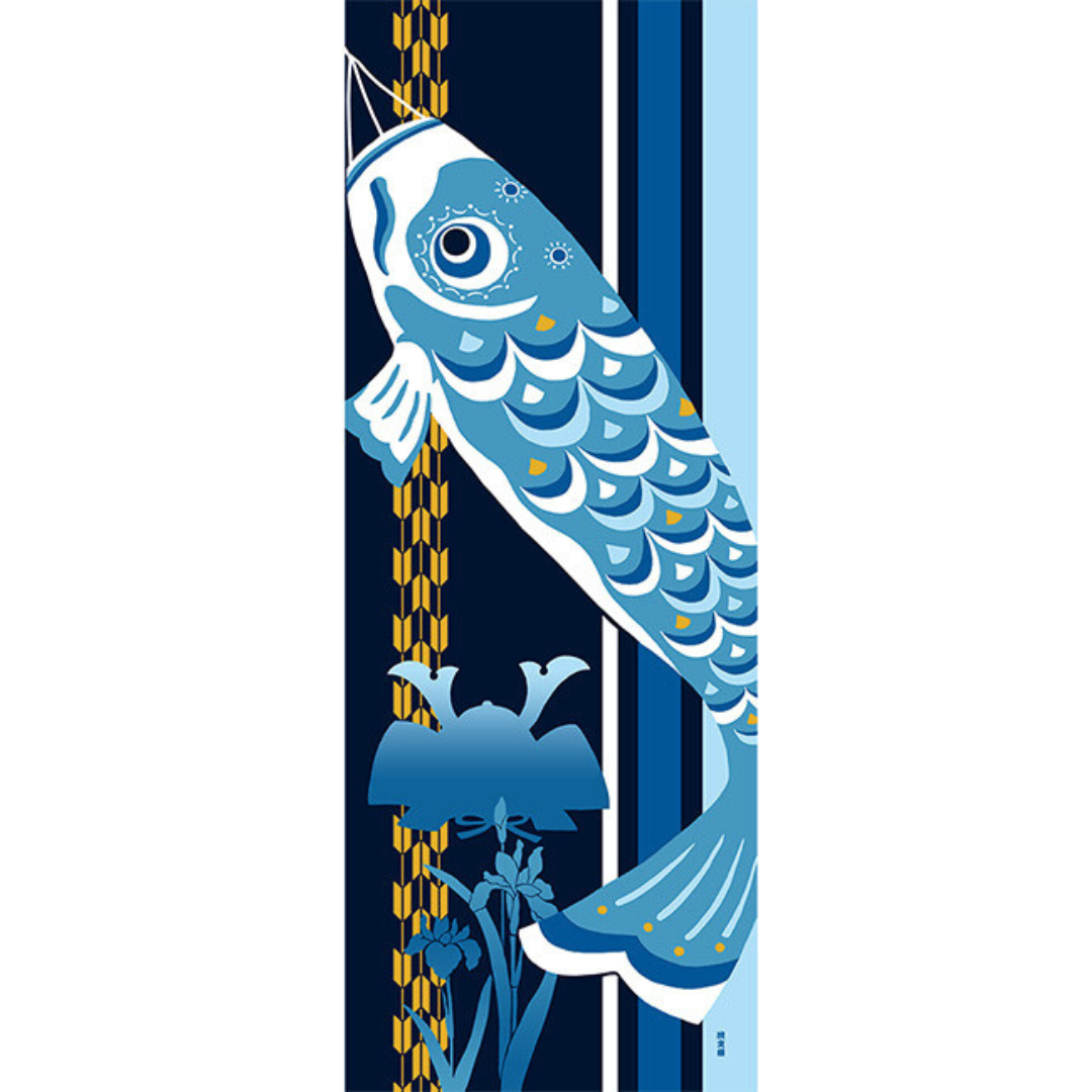 Tenugui Art, Koi Nobori and Samurai Helmet, 34cm x 90cm (13.4” x 35.4”)