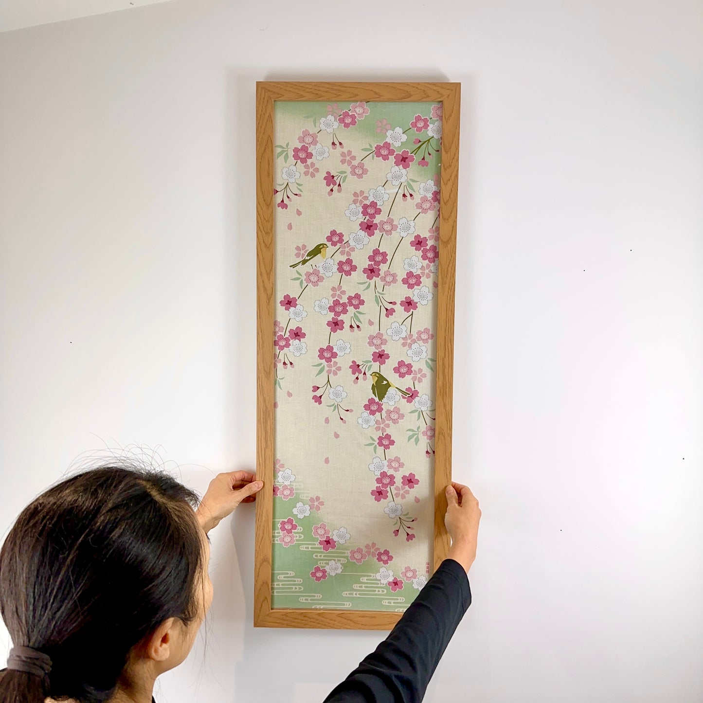 Tenugui Art, Japanese Nightingale and Cherry Blossoms, 34cm x 90cm(13.4” x 35.4”)