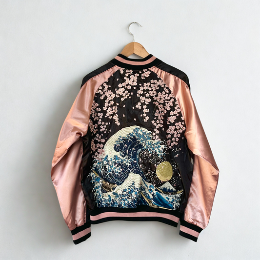 Japanese Skajan, The great wave with cherry blossoms, Bomber Jacket, Black & Pink gold, Japanese embroidered jacket, HanaBee