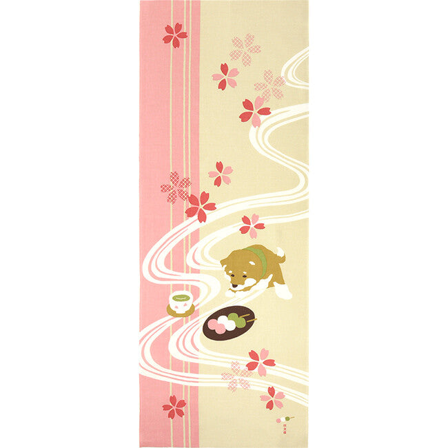 Tenugui Art, Shiba with Matcha and Dango, 34cm x 90cm (13.4” x 35.4”)