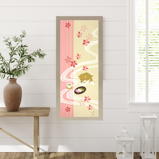 Tenugui Art, Shiba with Matcha and Dango, 34cm x 90cm (13.4” x 35.4”)