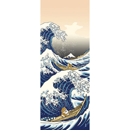 Tenugui Art, Shiba Inu with A Great Wave, 34cm x 90cm (13.4” x 35.4”)
