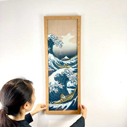 Tenugui Art, Shiba Inu with A Great Wave, 34cm x 90cm (13.4” x 35.4”)