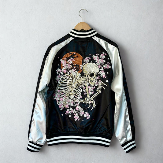 Japanese Skajan, Skull in Ukiyo-e Art, Bomber Jacket, Black & White Silver, Japanese embroidered jacket, HanaBee