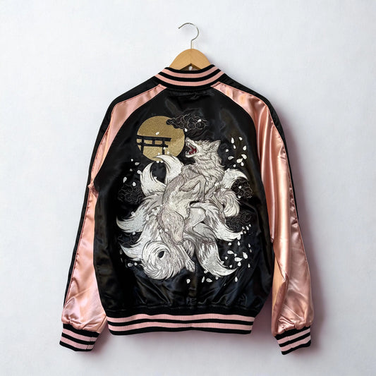 Japanese Skajan, Kyubi, Nine tailed fox, Embroidered Bomber Jacket, Black & Pink gold, Japanese embroidered jacket, HanaBee