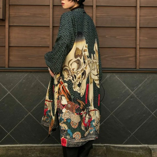 Haori, Kimono Cardigan by Kaya, Skull, Kimono robe in red with Japanese ukiyo-e art, Japanese jacket, Japanese top