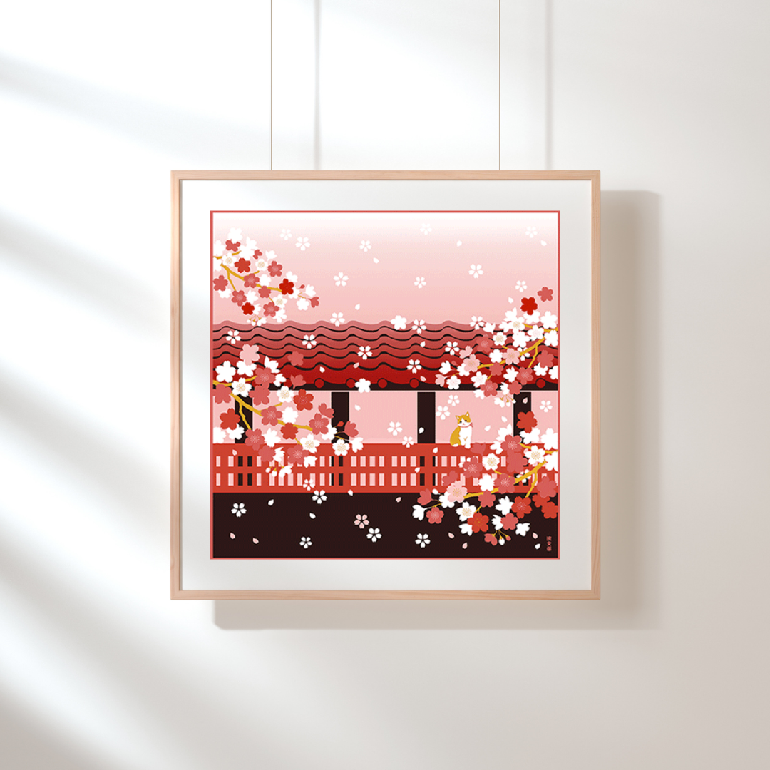 Spring Cat with Cherry Blossoms, Furoshiki Gift Wrapping, 50 x 50 cm