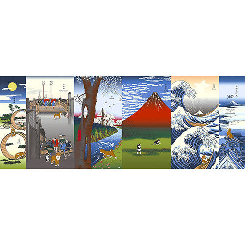 Tenugui Art, Hokusai art with Shiba Inu, 90cm x 34cm (35.4" x 13.4”)