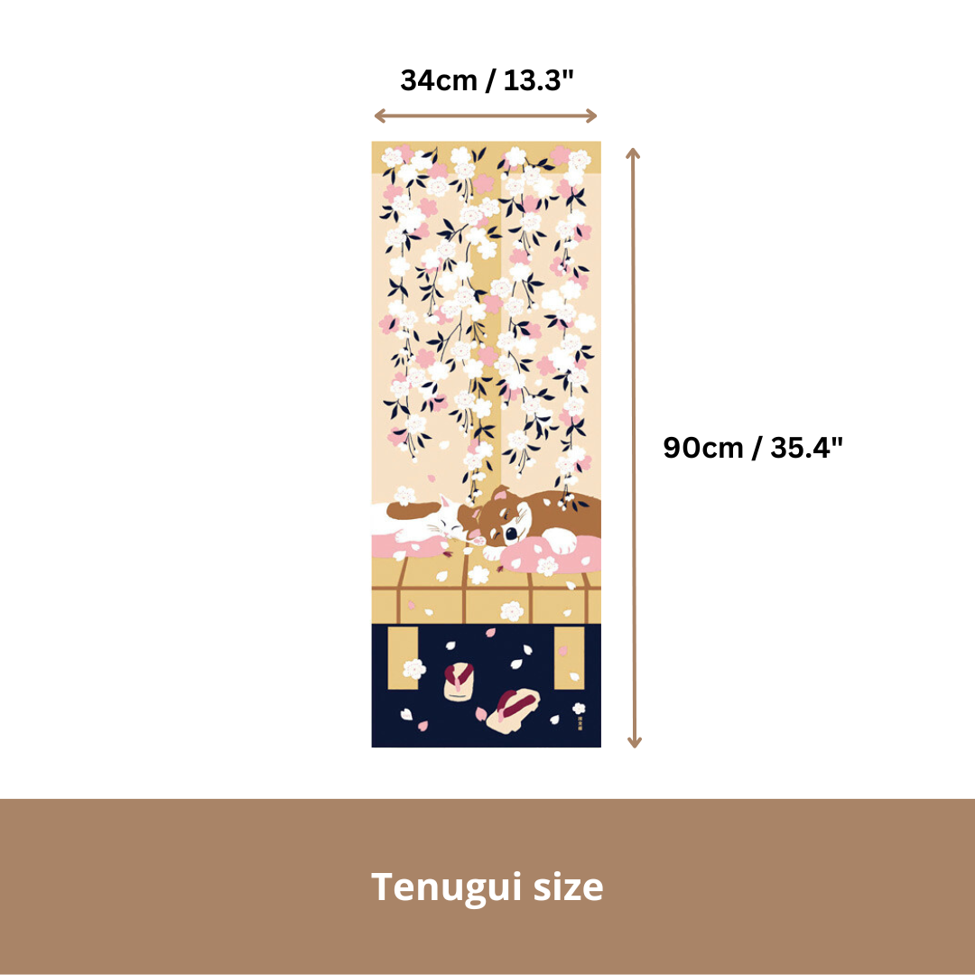 Tenugui Art, Shiba Dog & Cat with Cherry Blossoms, 34cm x 90cm (13.4” x 35.4”)