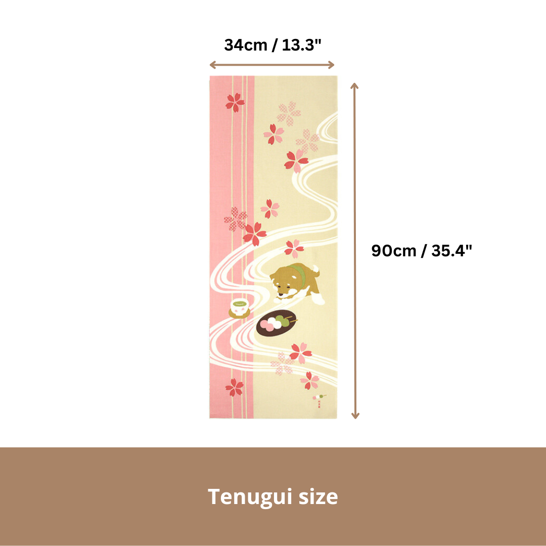 Tenugui Art, Shiba with Matcha and Dango, 34cm x 90cm (13.4” x 35.4”)