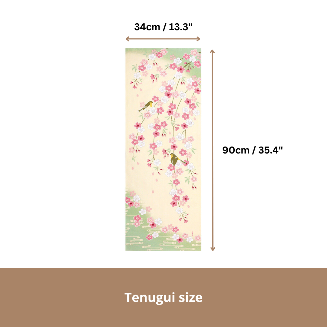 Tenugui Art, Japanese Nightingale and Cherry Blossoms, 34cm x 90cm(13.4” x 35.4”)