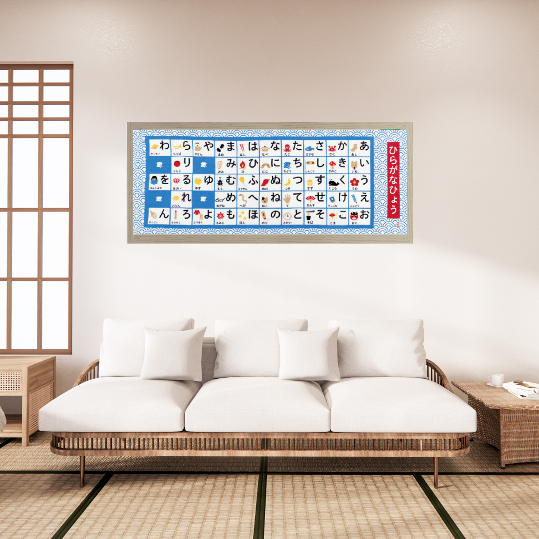 Tenugui Art, Hiragana, Japanese Alphabet, 90 x 34cm (35.4" x 13.4”)