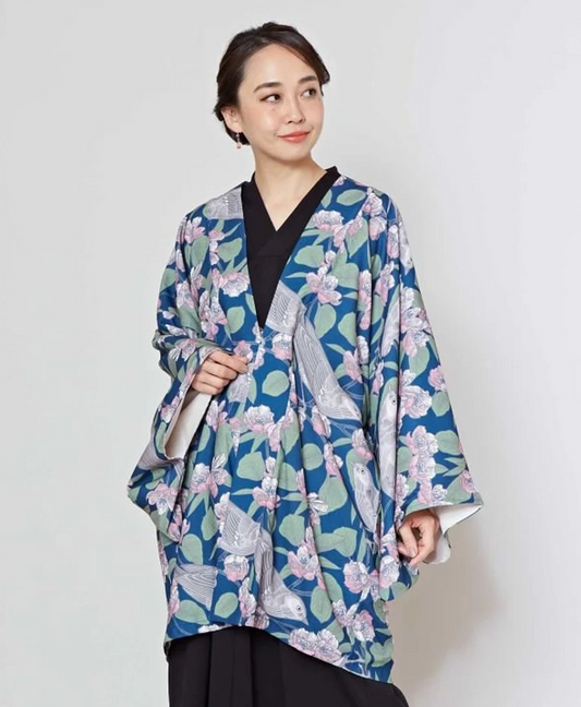 Haori, Kimono Cardigan by Kaya, Kimono robe in blue and green, Birds, Japanese jacket, Japanese top