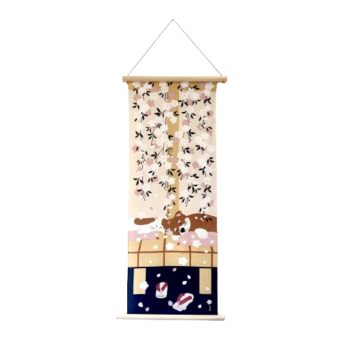 Tenugui Art, Shiba Dog & Cat with Cherry Blossoms, 34cm x 90cm (13.4” x 35.4”)