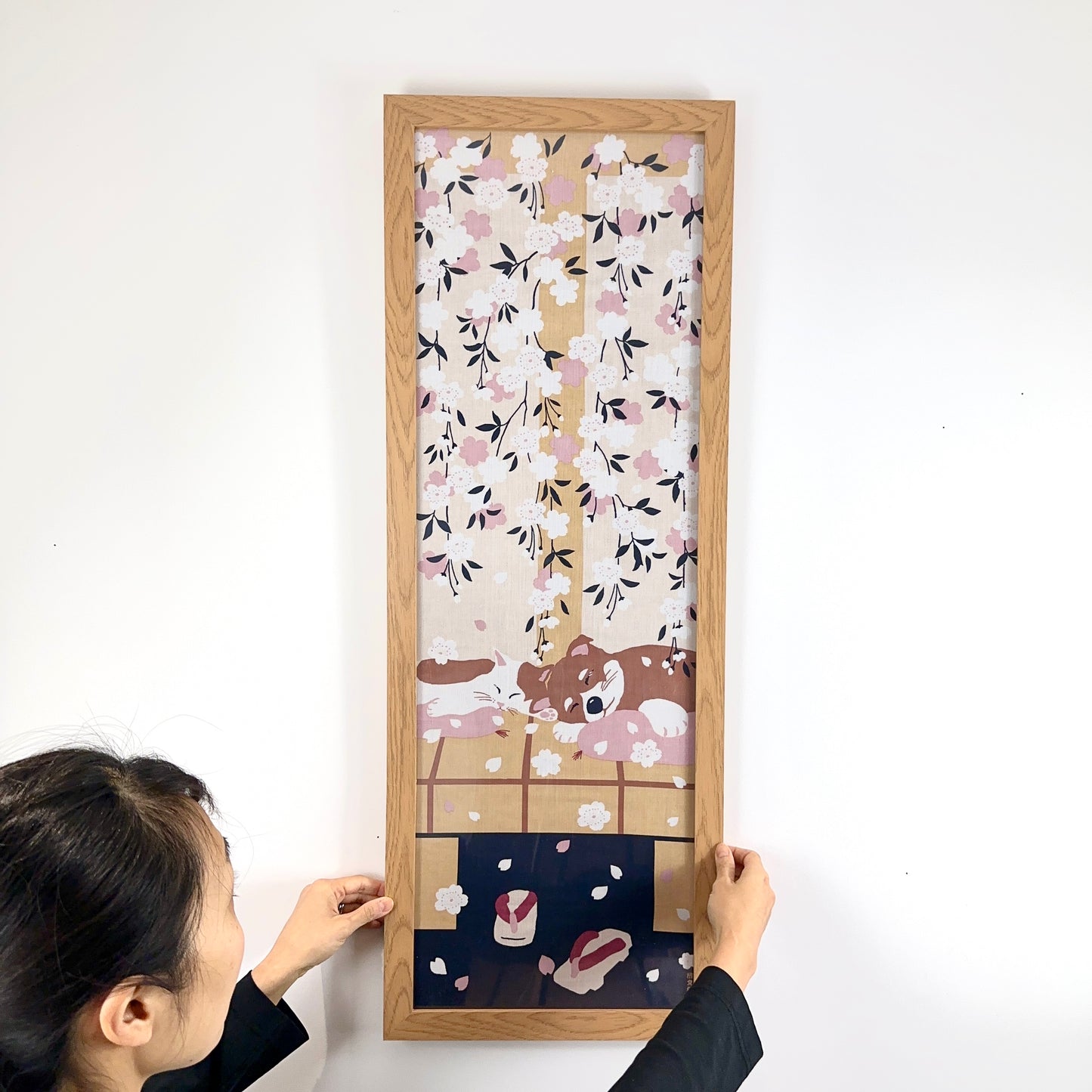 Tenugui Art, Shiba Dog & Cat with Cherry Blossoms, 34cm x 90cm (13.4” x 35.4”)