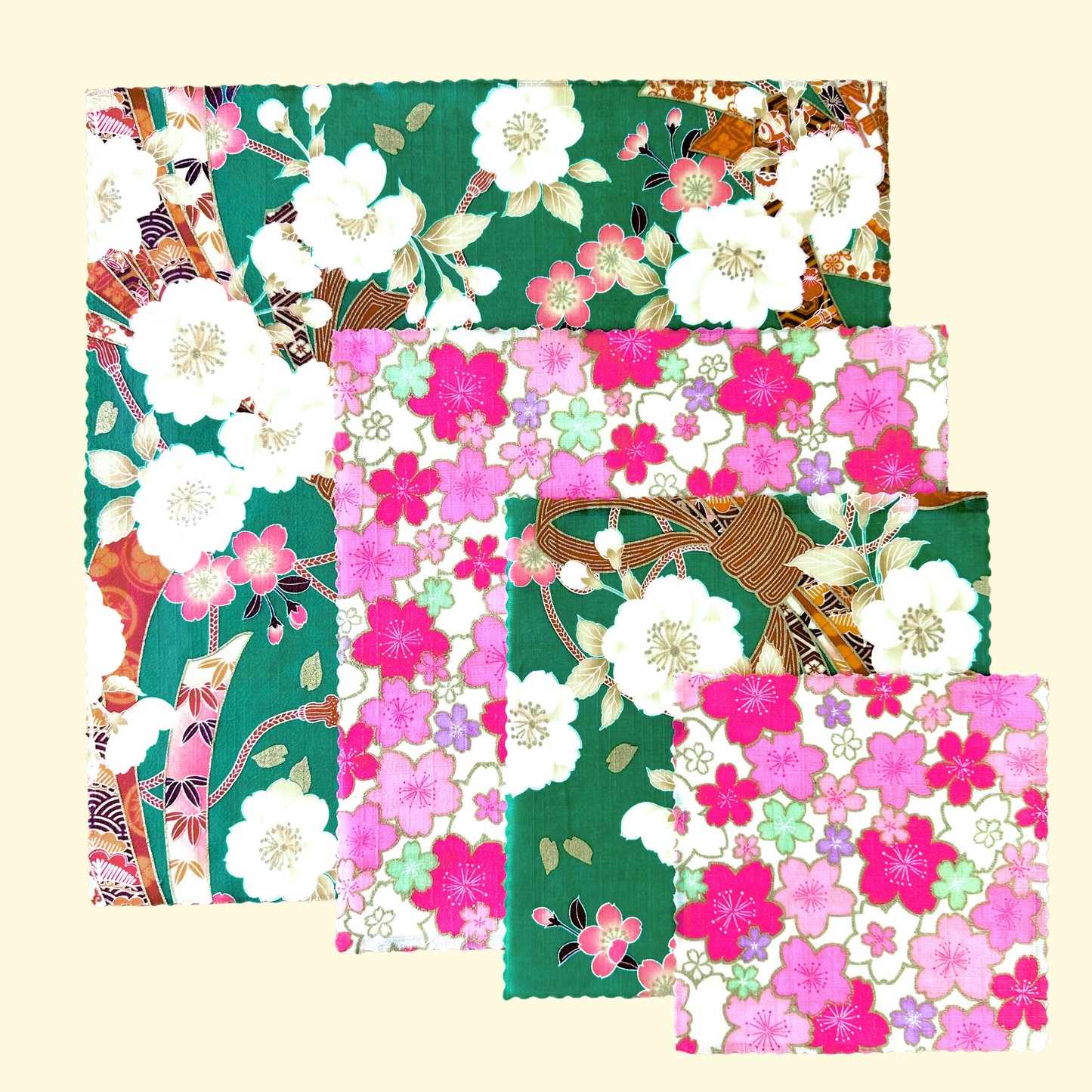 Sakura, Green & pink, Set of 4 Beeswax Food Wraps