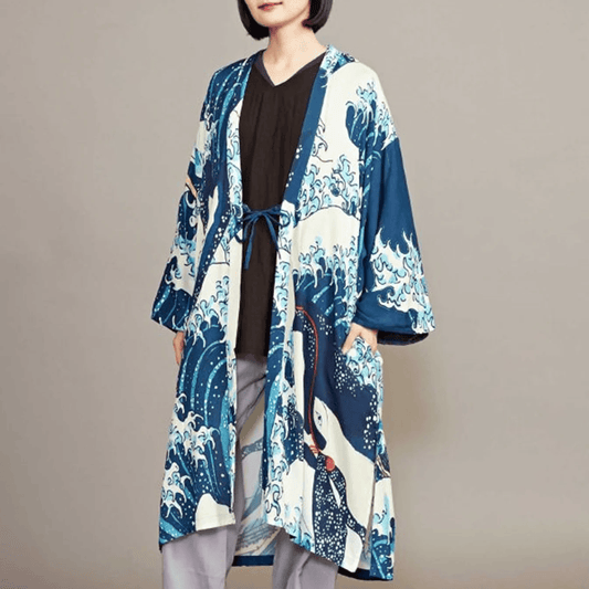 Haori, Kimono Cardigan by Kaya, Kimono robe in blue, Whale and wave, Kujira, Japanese ukiyo-e art, Japanese jacket, Japanese top
