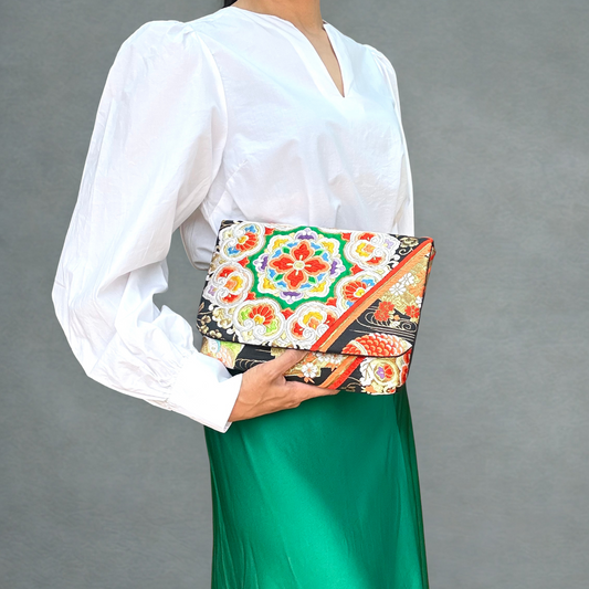 Japanese Obi bag, handmade clutch bag made in Japan, Green flower